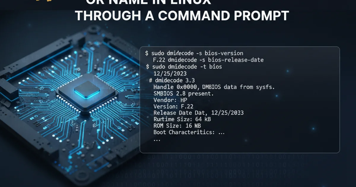 A stylized image of a computer motherboard with glowing circuits, representing BIOS/UEFI firmware, overlaid with a Linux terminal window displaying command-line output.