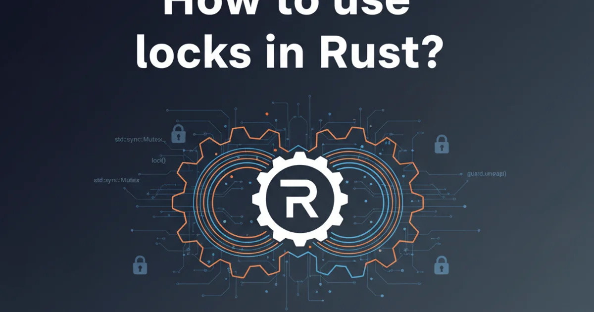 Abstract illustration of intertwined gears representing concurrency and synchronization, with a Rust logo overlay.