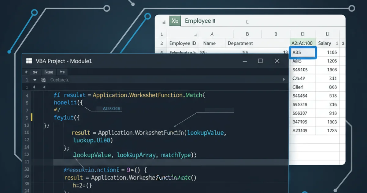 VBA code editor showing a Match function call with an Excel worksheet in the background
