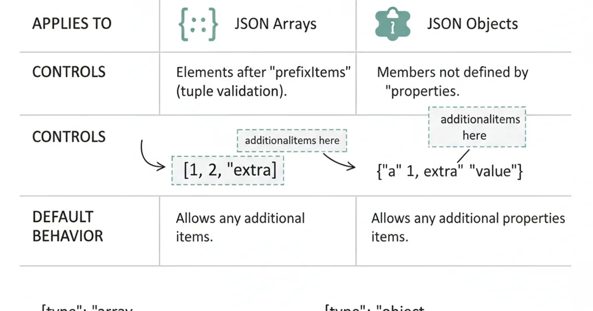 Table comparing additionalItems and additionalProperties in JSON Schema.