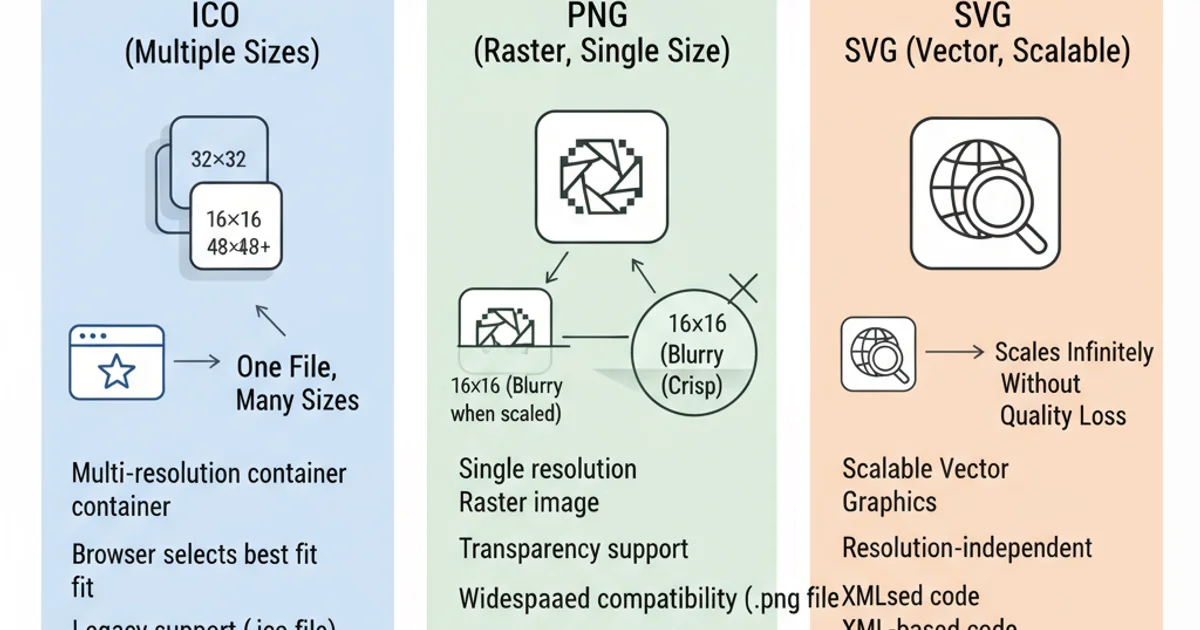 Comparison of ICO, PNG, and SVG favicon formats showing their characteristics.