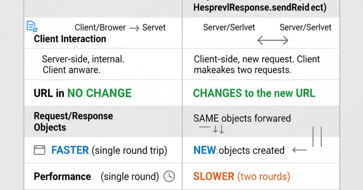 Table comparing RequestDispatcher.forward() and HttpServletResponse.sendRedirect() across various attributes like client interaction, URL change, request objects, and performance.