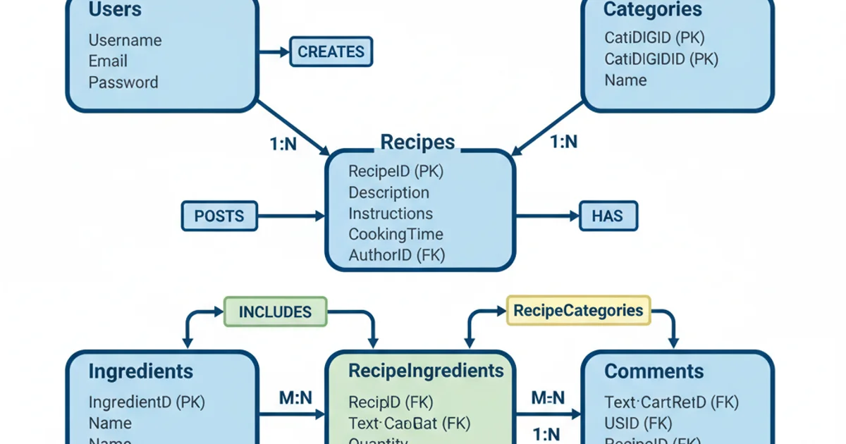 Diagram showing the relationships between Users, Recipes, Categories, Ingredients, and Comments in a recipe sharing platform.