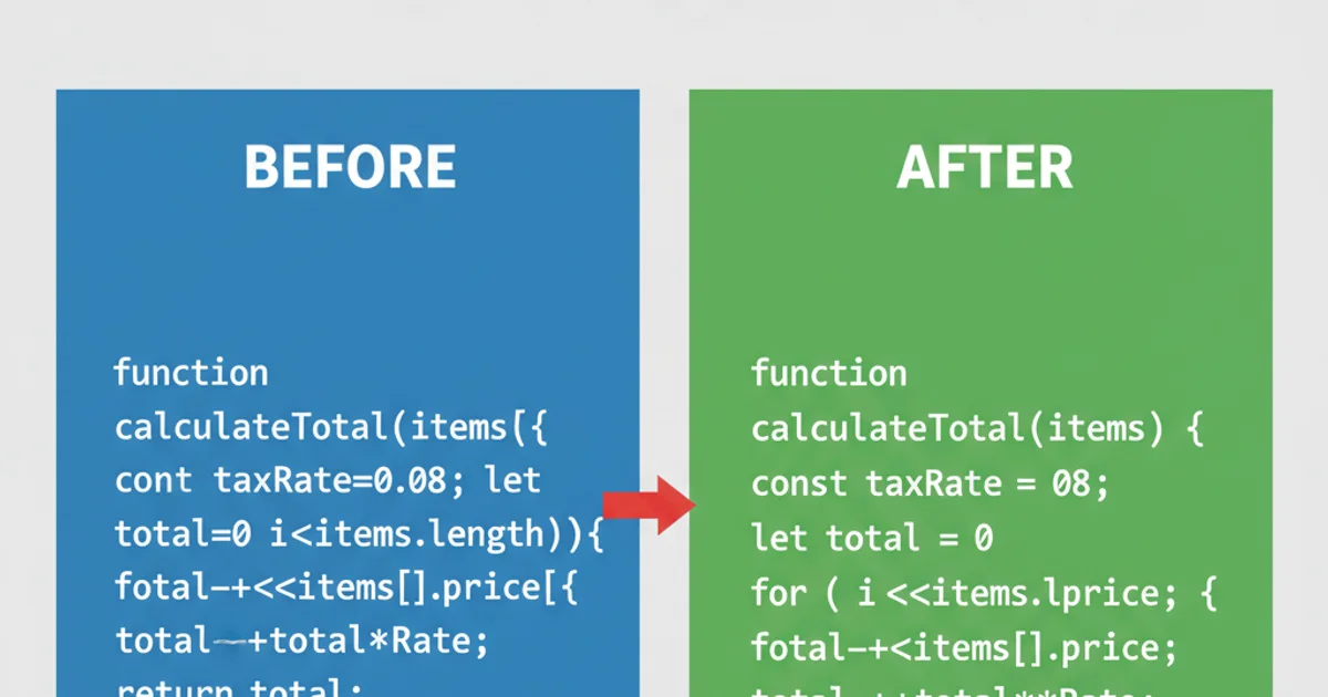 Side-by-side comparison of unformatted JavaScript code on the left and beautifully formatted JavaScript code on the right. The unformatted code shows inconsistent indentation, missing semicolons, and haphazard spacing. The formatted code shows consistent 2-space indentation, proper semicolons, and clear spacing, making it much more readable. Use a split screen layout with 'Before' and 'After' labels.