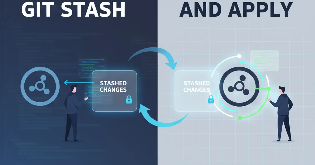Illustration of a developer stashing changes in a Git repository, with a clean working directory appearing afterwards.
