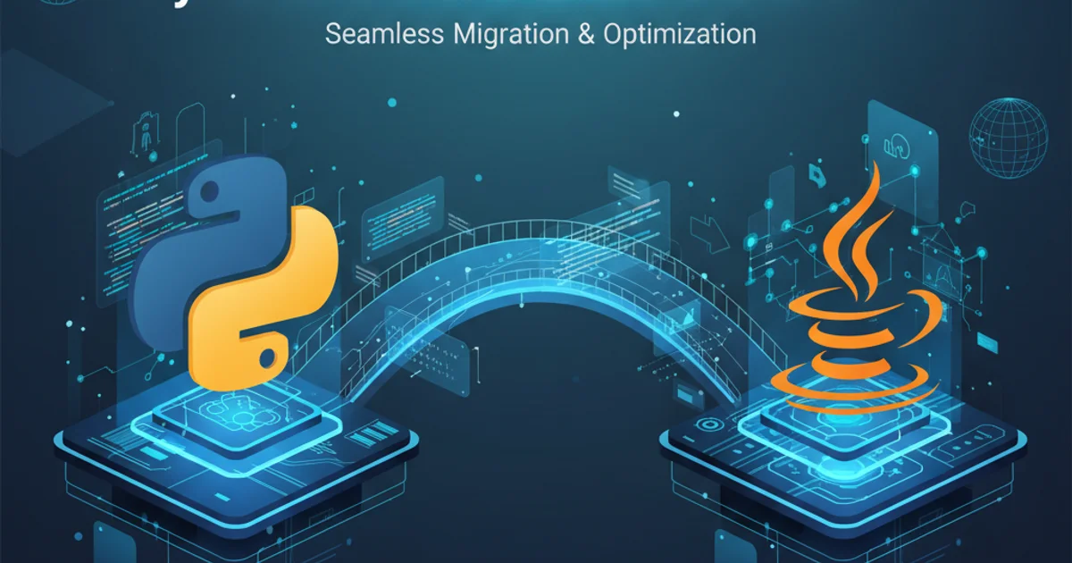 Illustration of Python and Java logos connected by a bridge, symbolizing code conversion.