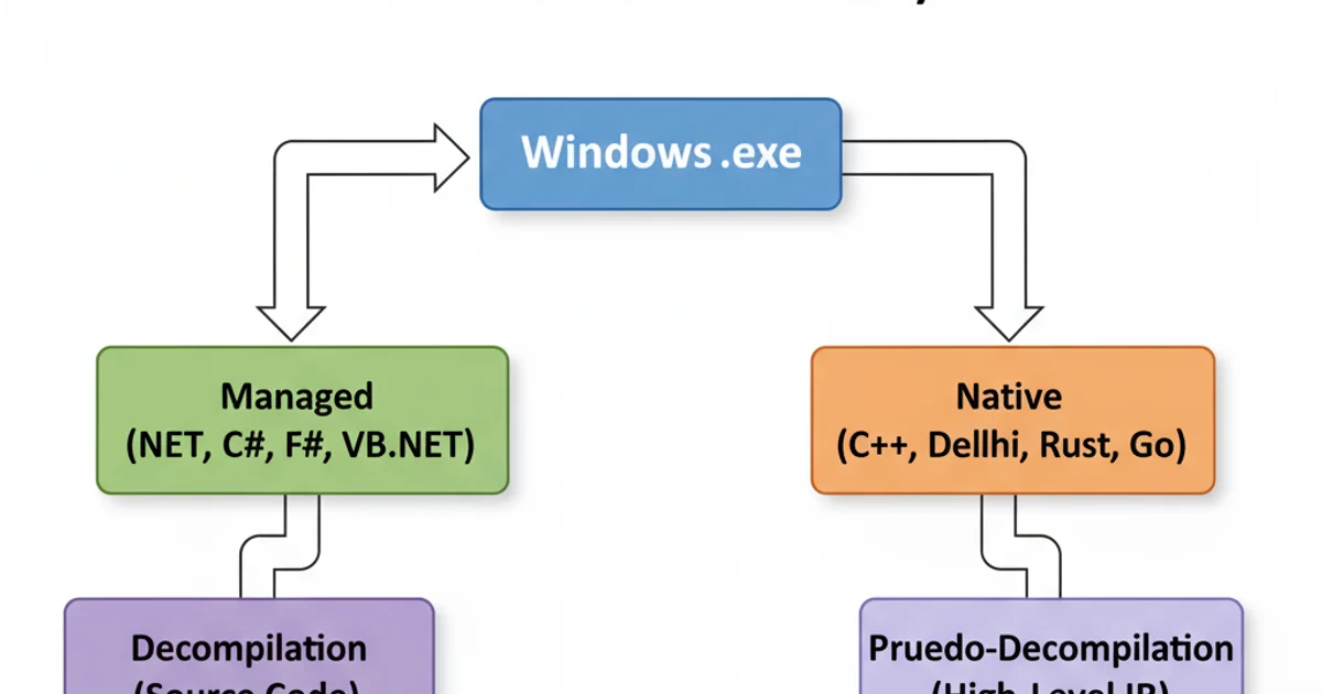 Diagram showing different types of executables and the appropriate tools for disassembly or decompilation.