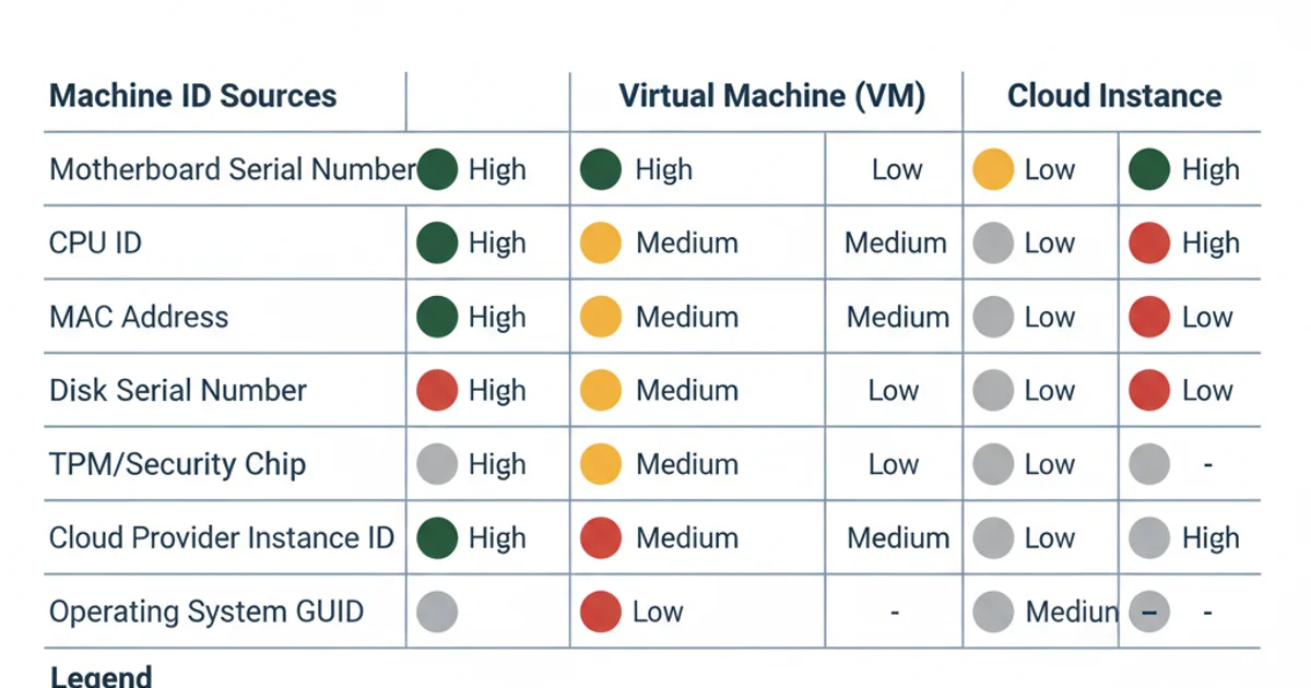 Comparison table showing reliability of different machine ID sources across physical, virtual, and cloud environments.