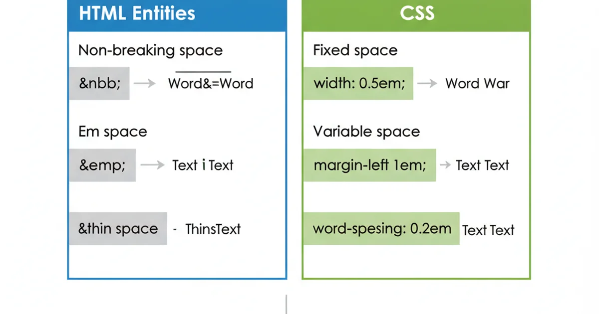 A comparison table showing when to use HTML entities versus CSS for whitespace control.