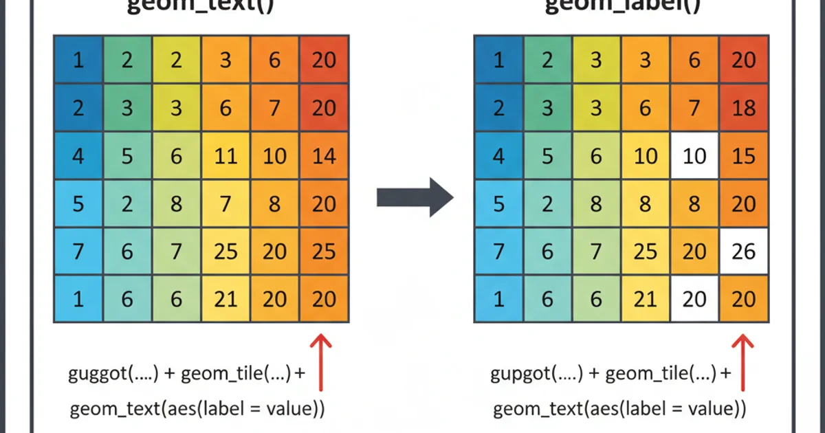 A comparison of two ggplot2 heatmaps. The left heatmap shows labels directly on tiles (geom_text), while the right heatmap shows labels with white rectangular backgrounds (geom_label), demonstrating improved readability.