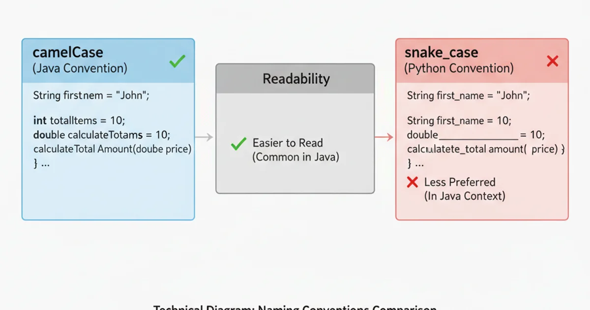 A comparison diagram showing two code snippets side-by-side. The left snippet uses camelCase for variable names like 'firstName' and 'calculateTotalAmount'. The right snippet uses snake_case like 'first_name' and 'calculate_total_amount'. Arrows point from both to a central box labeled 'Readability' with a checkmark next to camelCase and an 'X' next to snake_case, indicating camelCase is generally preferred for readability in Java.