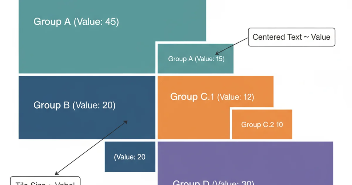 A treemap visualization created with ggplot2, showing several rectangular tiles of varying sizes and colors. Each tile has a clear label indicating its group and numerical value, centered within the tile.