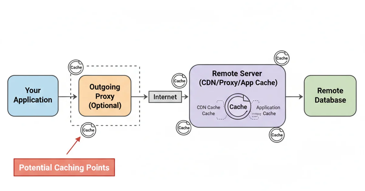 A diagram illustrating the potential points of caching in a cURL request flow. It shows 'Your Application' -> 'Outgoing Proxy (Optional)' -> 'Internet' -> 'Remote Server (with CDN/Proxy/App Cache)' -> 'Remote Database'. Each arrow and the remote server itself has a 'Cache' icon indicating where caching can occur.