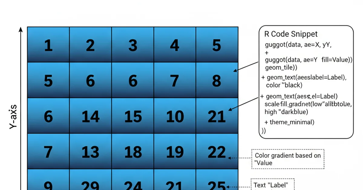 A ggplot2 heatmap showing a 5x5 grid of tiles, each filled with a color gradient and displaying a numerical label in the center. The labels are black and clearly legible against the tile colors.