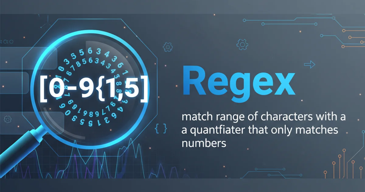 Abstract representation of a regular expression matching numbers within a range, with a magnifying glass highlighting the digits.