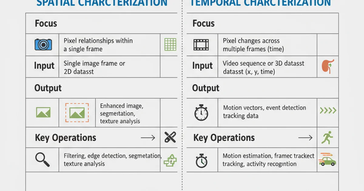 Table comparing spatial and temporal characterization across various attributes like focus, input, output, and common applications.