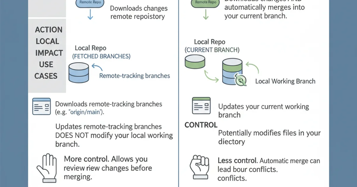 Table comparing git fetch and git pull across several criteria: action, local impact, control, and common use cases.