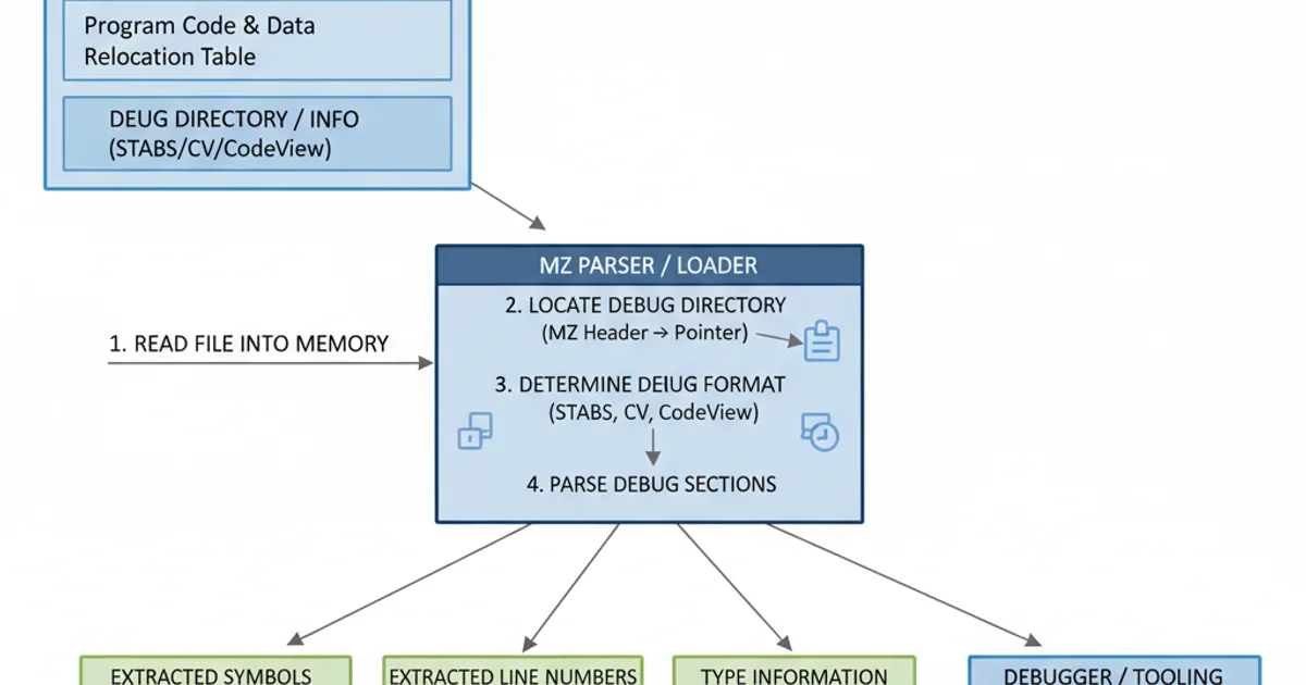 A conceptual diagram showing the process of parsing a DOS MZ executable for debug information, starting from file read to extracting symbols and line numbers.