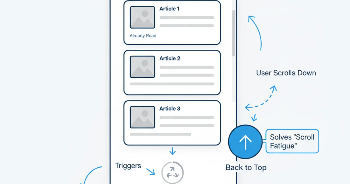 A conceptual diagram showing a web page with a 'Back to Top' button and a loading spinner, emphasizing UX considerations for infinite scroll.