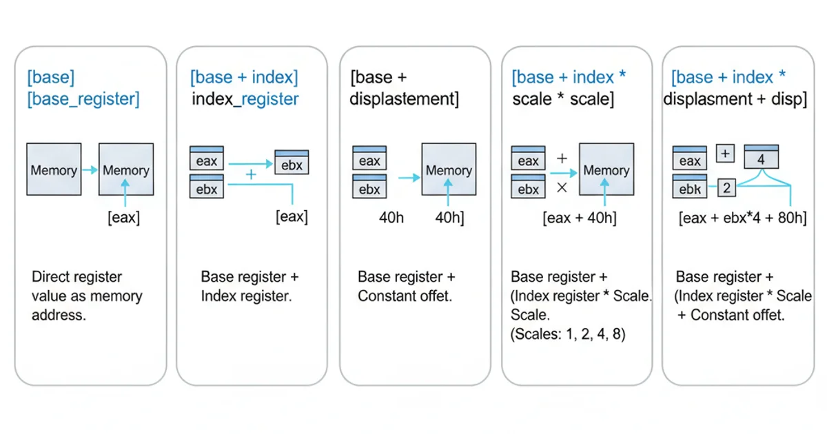 Diagram showing different x86 addressing modes using square brackets: [base], [base + index], [base + displacement], [base + index * scale], [base + index * scale + displacement].