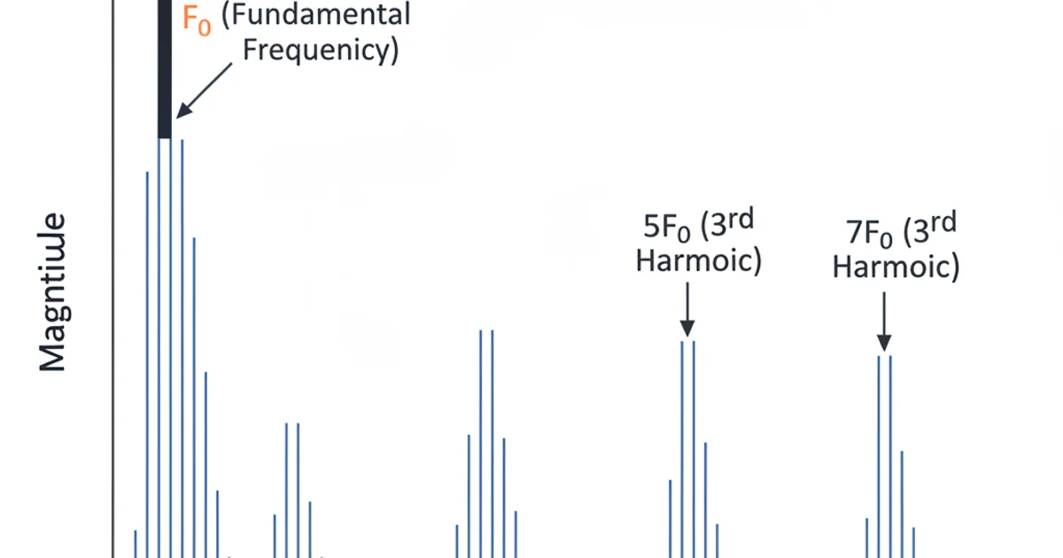 A frequency spectrum plot showing a dominant peak at the fundamental frequency and subsequent smaller peaks at odd harmonics (3F0, 5F0, etc.).