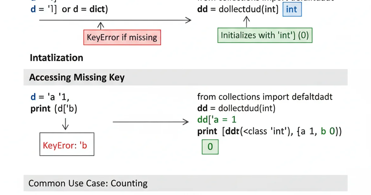 Comparison table showing behavior of standard dict vs. defaultdict for missing keys, initialization, and common use cases.