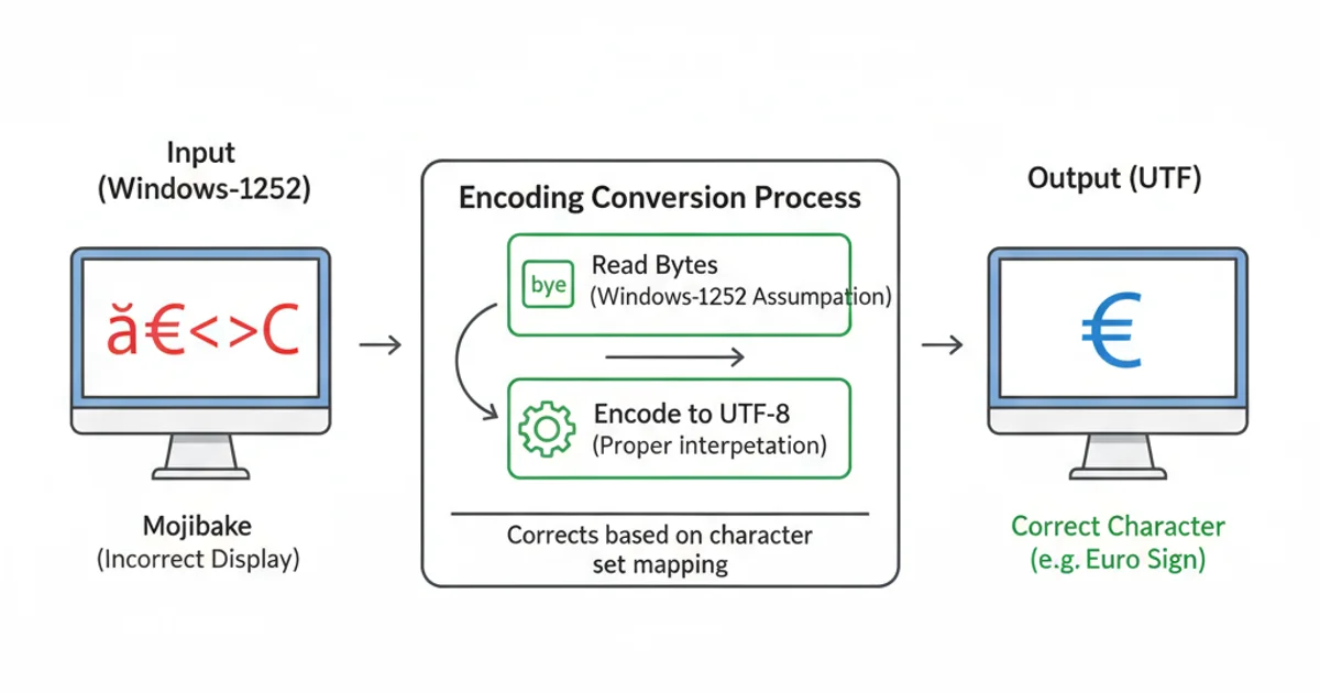 Diagram showing a corrupted character (mojibake) transforming into a correct character (e.g., a euro sign) after proper encoding conversion.
