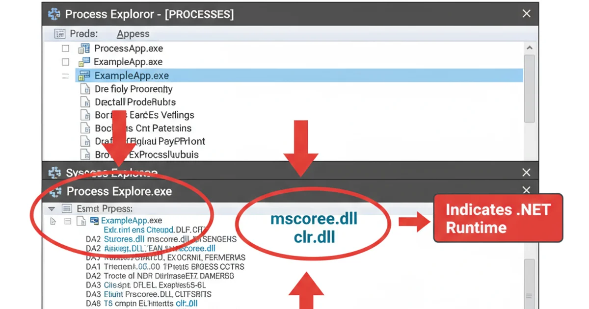 Screenshot of Process Explorer showing loaded DLLs for a .NET application, highlighting mscoree.dll and clr.dll.
