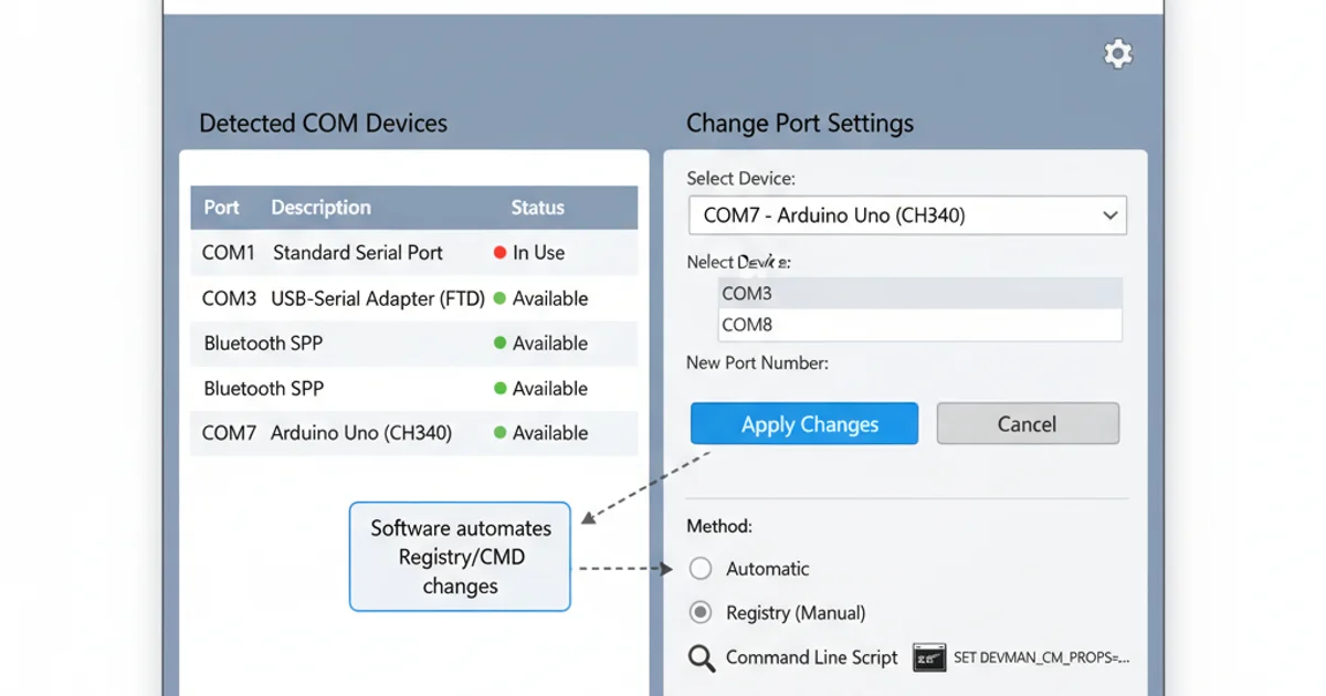 Screenshot of a hypothetical third-party COM port management software interface, showing a list of ports, their status, and options to change port numbers.