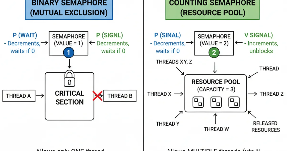 Diagram showing a binary semaphore allowing one thread into a critical section, and a counting semaphore allowing multiple threads into a resource pool.