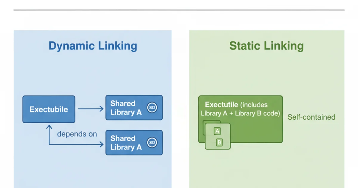 A comparison diagram showing two paths: 'Dynamic Linking' and 'Static Linking'. Dynamic Linking shows 'Executable' -> 'Shared Library A' & 'Shared Library B'. Static Linking shows 'Executable (includes Library A + Library B code)'. Arrows indicate dependency. Use distinct colors for each path.