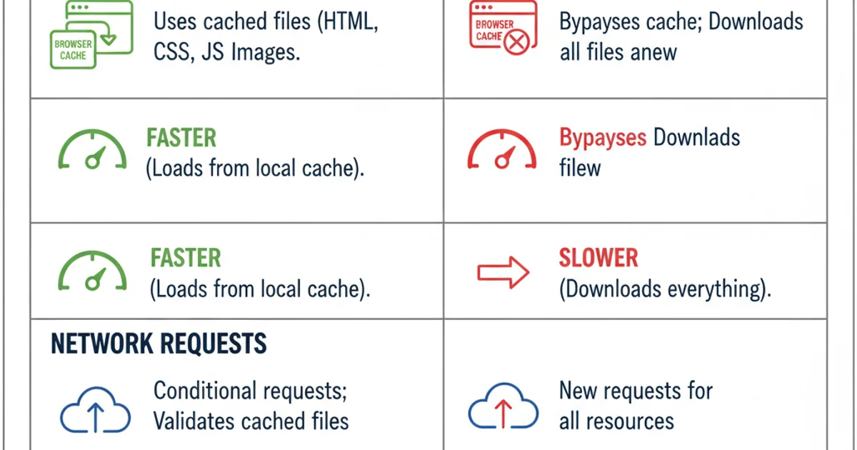 A comparison table showing F5 vs. Shift+F5, highlighting cache usage, speed, and use cases.
