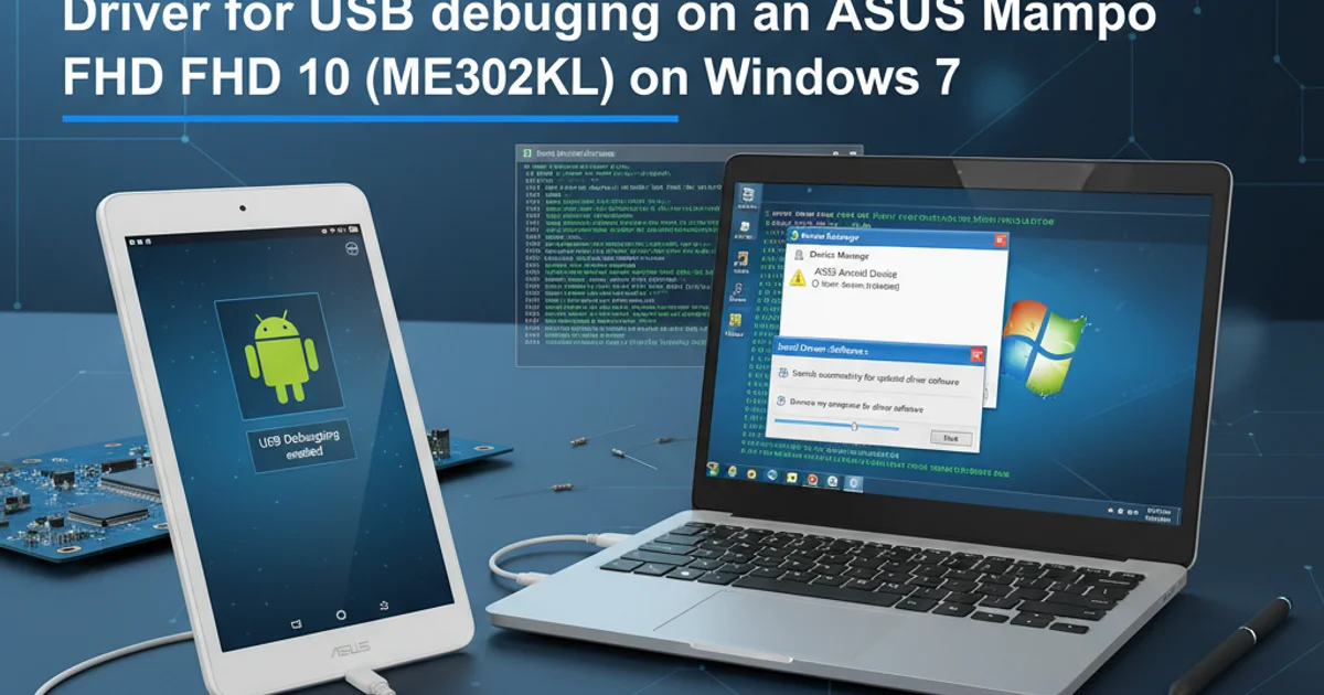 ASUS Memo Pad FHD 10 connected via USB to a Windows 7 computer, with driver installation dialogs on screen.