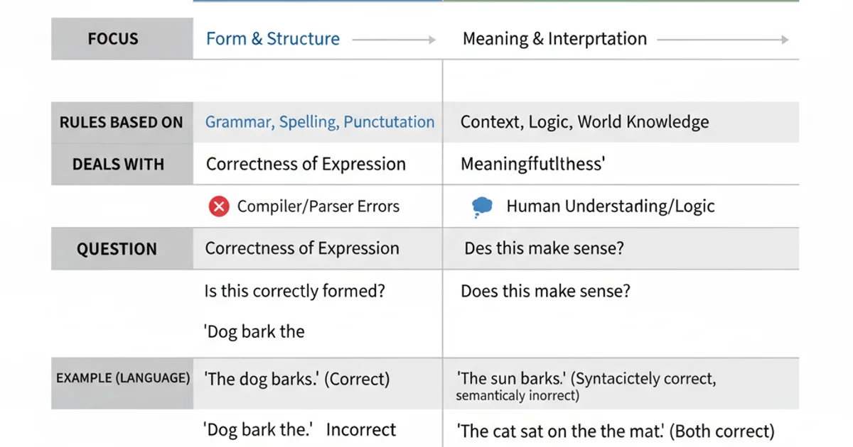 A table comparing syntax and semantics across various attributes like focus, detection, and examples.