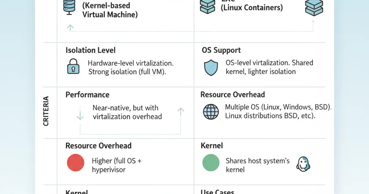 Comparison table highlighting differences between KVM and LXC across various criteria like isolation, performance, OS support, and overhead.