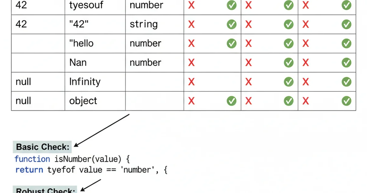 Comparison table showing different JavaScript isNumber approaches and their behavior with various data types.