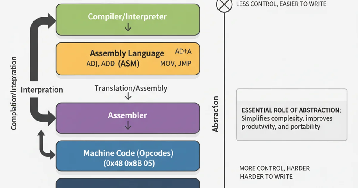 Diagram showing the layers of abstraction from high-level language to binary code