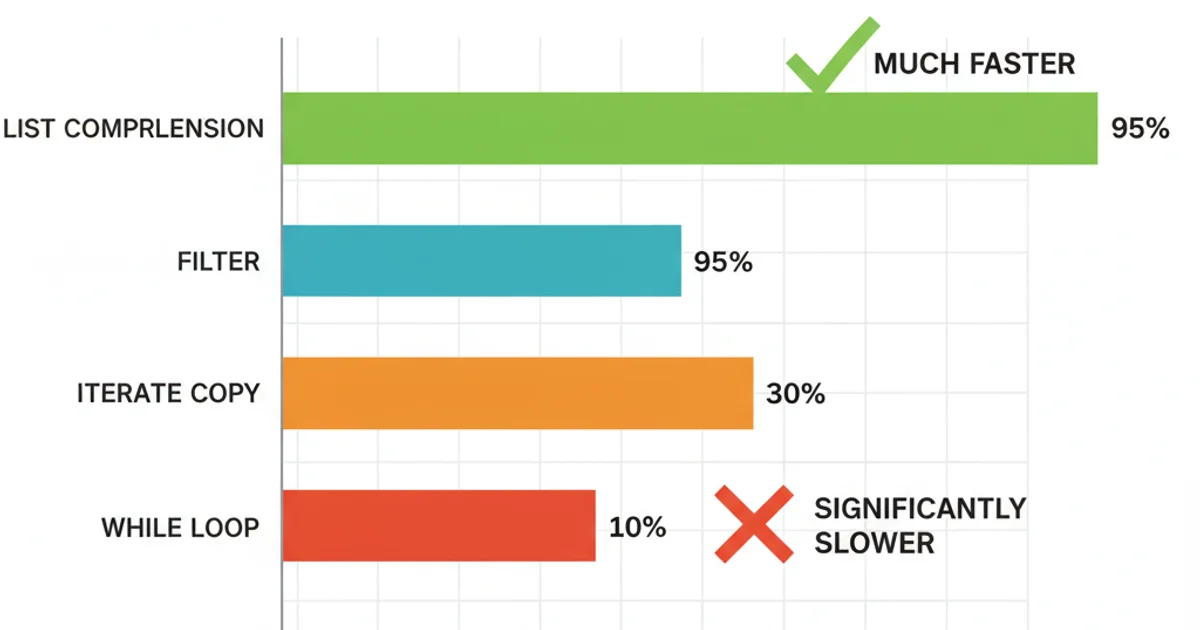 Bar chart comparing the performance of different list removal methods: List Comprehension, Filter, Iterate Copy, and While Loop. List Comprehension and Filter are significantly faster.