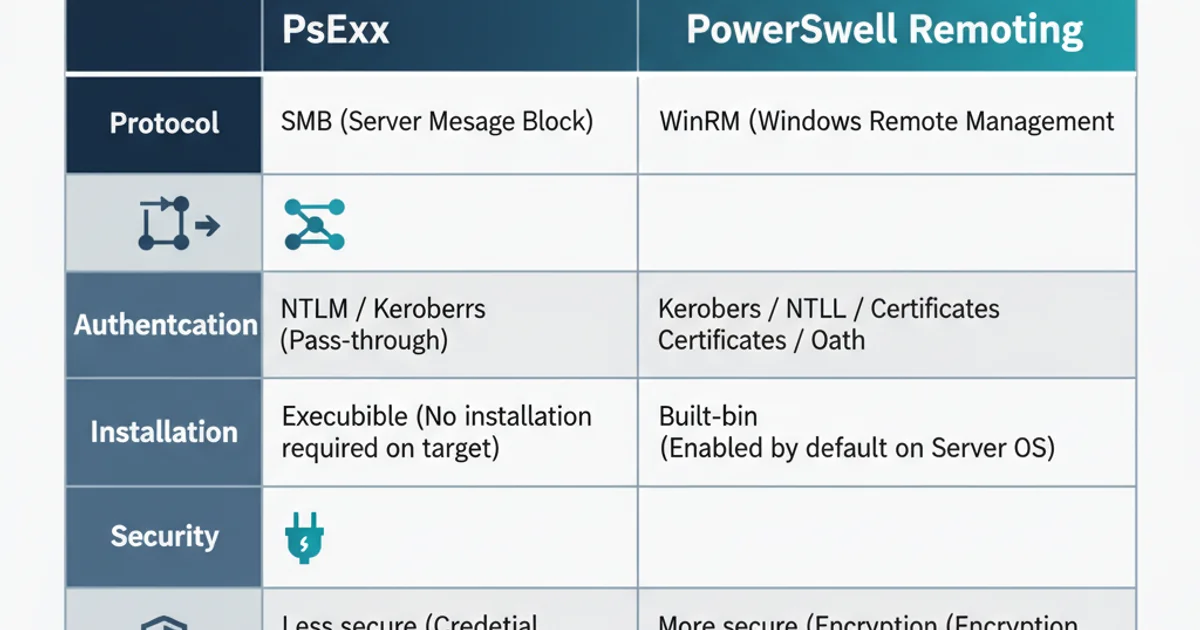 Comparison table showing features of PsExec versus PowerShell Remoting.