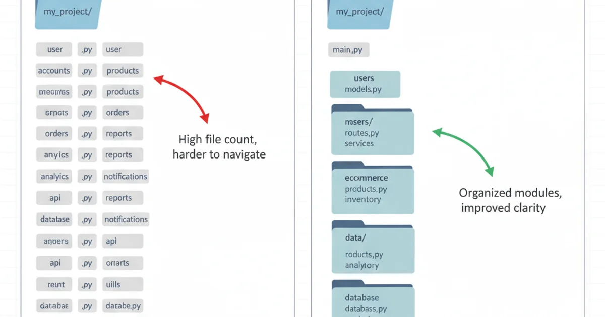 Comparison of project structures: one with many small files, one with fewer, logically grouped files
