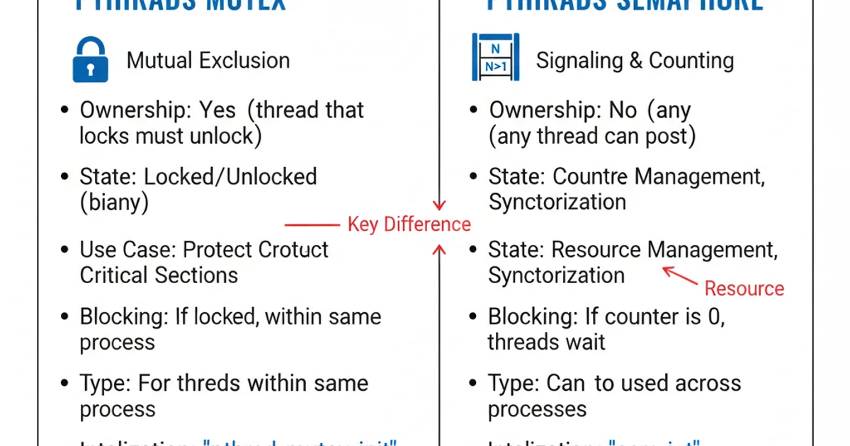 Comparison table highlighting differences between pthreads mutex and semaphore.