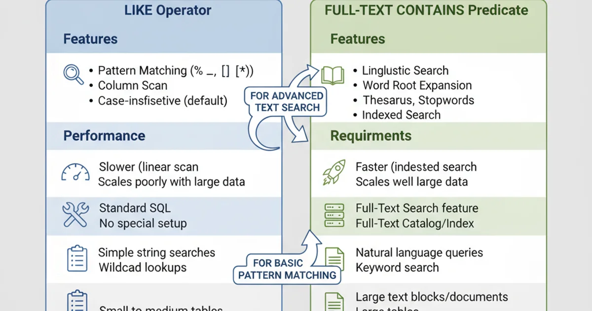 Table comparing LIKE and CONTAINS features, performance, and requirements.