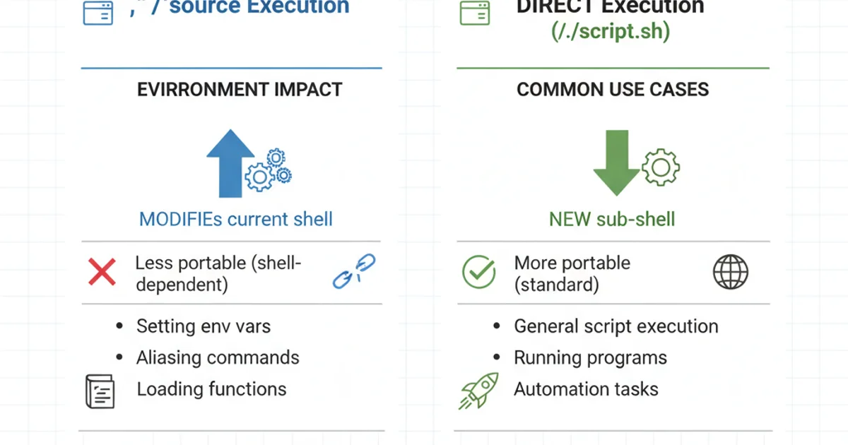 A table comparing the characteristics of dot/source execution versus direct execution, highlighting environment impact, portability, and common use cases.