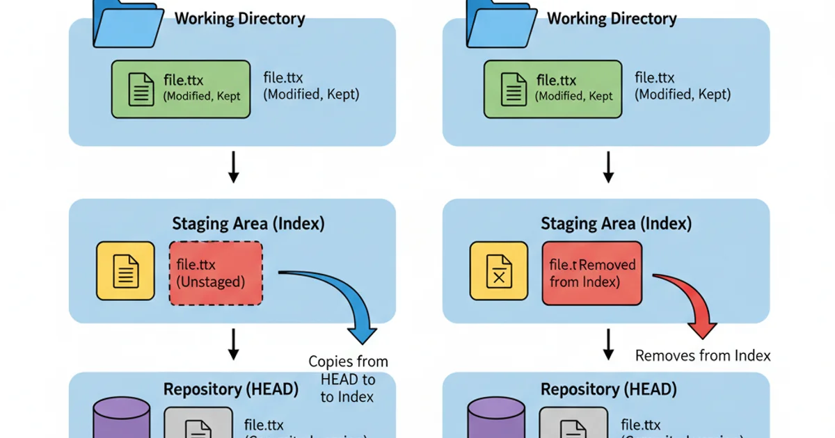 Comparison table showing the effects of git reset HEAD and git rm --cached on file status and working directory.