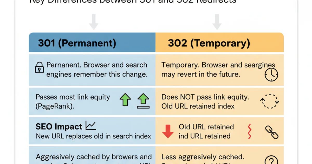 Comparison table highlighting differences between 301 and 302 redirects in terms of permanence, SEO impact, and caching behavior.