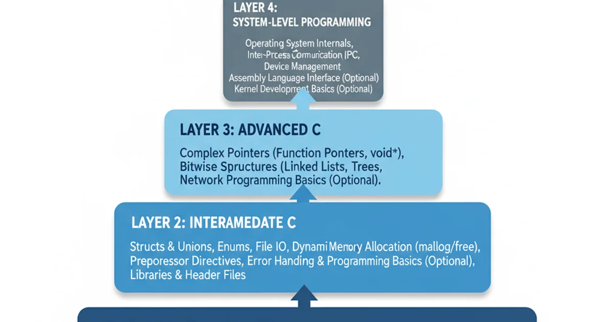 Diagram showing the layers of C programming from basic syntax to advanced system-level programming.