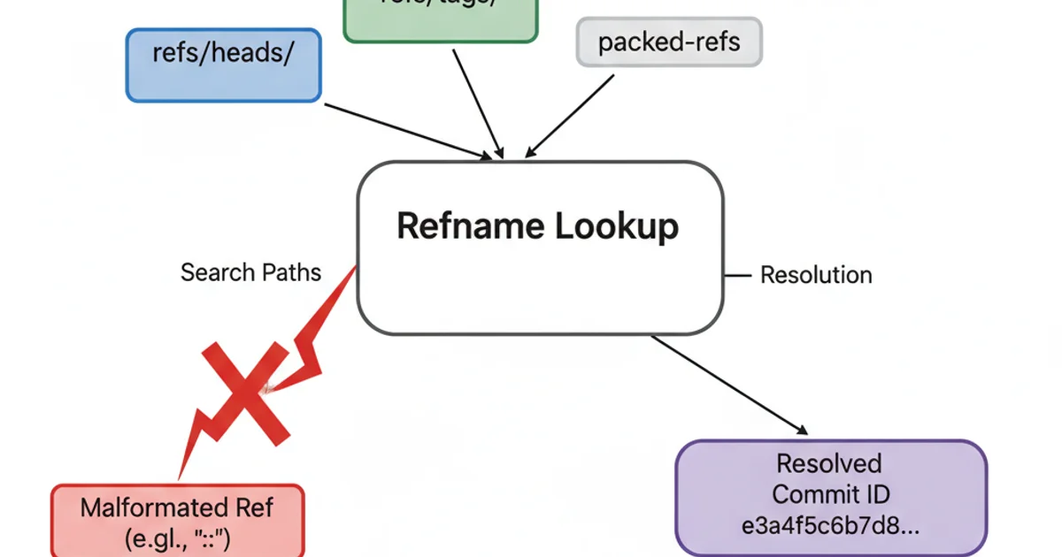 A Git history diagram showing a 'non-fast-forward' scenario. Two branches, 'local' and 'remote', start from a common commit. The 'remote' branch has new commits (R1, R2) that are not on 'local'. The 'local' branch also has new commits (L1, L2) that are not on 'remote'. An arrow from 'local' to 'remote' with a red 'X' indicates a rejected push. The diagram clearly shows the diverging histories.