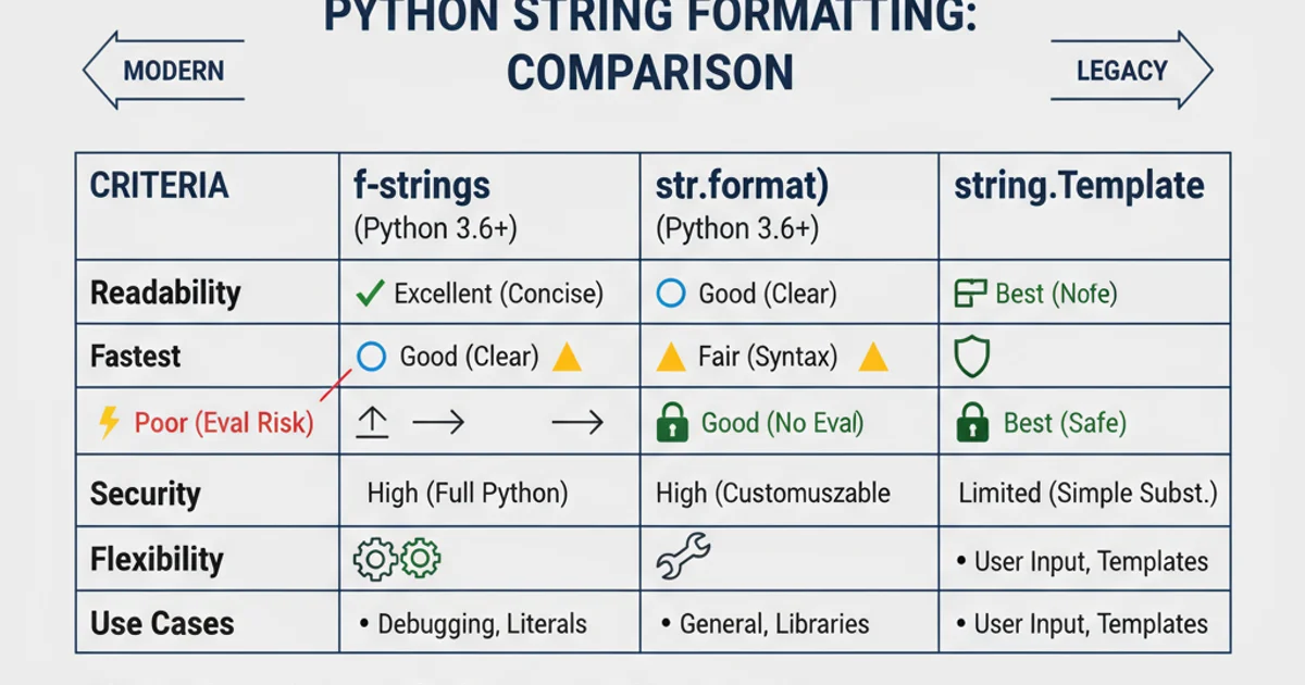 Table comparing f-strings, str.format(), and string.Template across various criteria like readability, performance, security, and flexibility.
