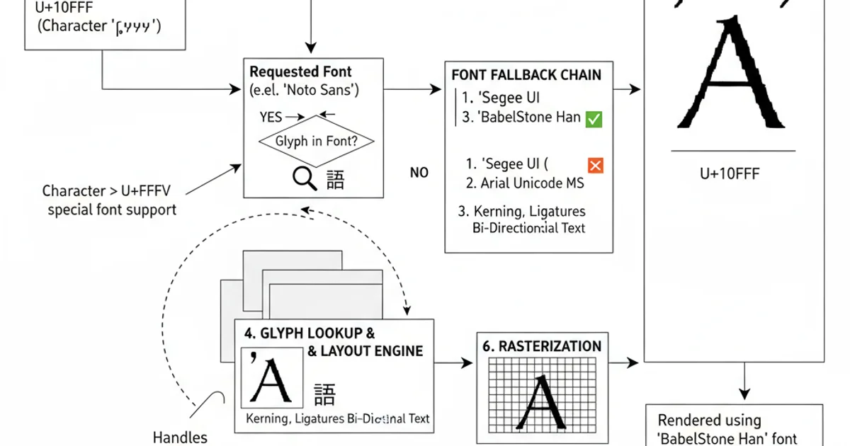 Diagram showing the rendering pipeline for Unicode characters, from encoded data to displayed glyphs, highlighting font selection and fallback.