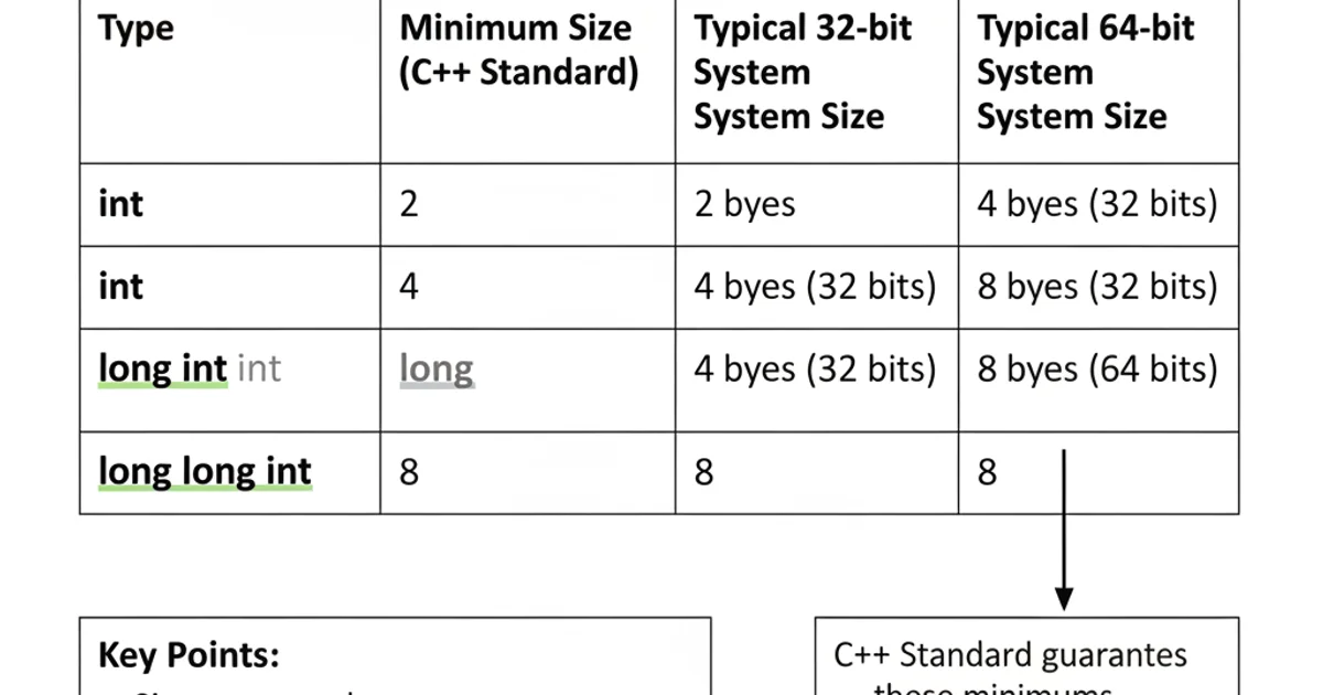 Table comparing C++ integer types: int, long, long long, with their minimum sizes and typical sizes on 32-bit and 64-bit systems.